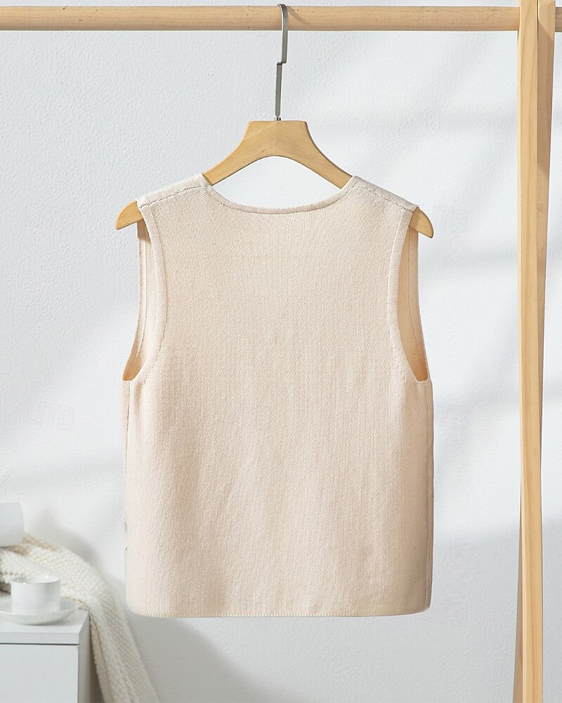 Women's Sweater Vest Fashion Solid Color Ribbed V Neck Knitted Sleeveless Regular Tops Knit Holiday Going out Weekend Apricot Fall 2025 - $23.99 –P6
