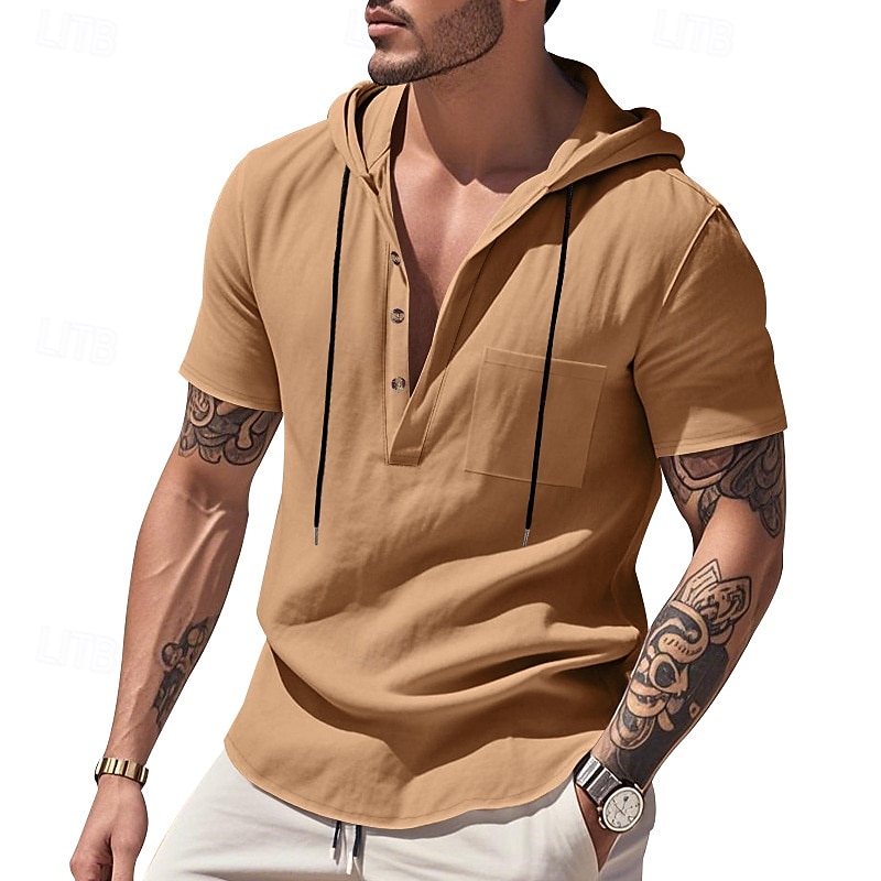 Men's Shirt Linen Shirt Popover Shirt Casual Shirt Cotton Shirt Plain Vacation Street Black White Navy Blue Brown Short Sleeve Hooded Summer Clothing Apparel Lace up 2025 - $22.99 –P1