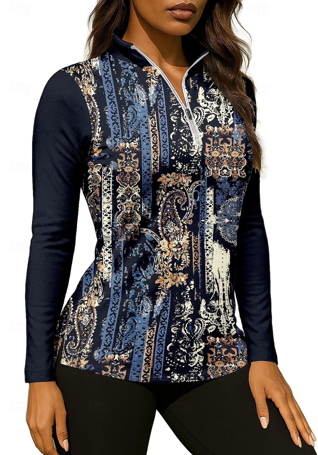 نسائي هندسي Shirt قميص رياضي قميص بولو قميص تنس كم طويل سحاب زهري UPF50+ مقاوم للأشعة فوق البنفسجية عالية المرونة رطوبة فتل متنفس تينس الغولف ركض مرتفعة طوق بسحاب قميص قميص طويل الذراعين أزرق سماوي 2026 - $25.99 –P1