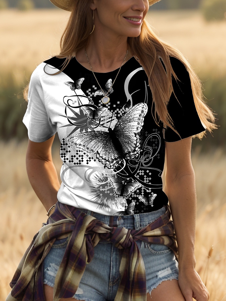 Femmes T-shirt Graphique Animal Géométrique ancien Mode Élégant Manche Courte Col ras du cou Col rond Hauts Réguliers Quotidien Week-end Imprimé Noir + Blanc + Gris Jaune Rouge Bleu Violet Ét de 2025 ? $19.99 –P8