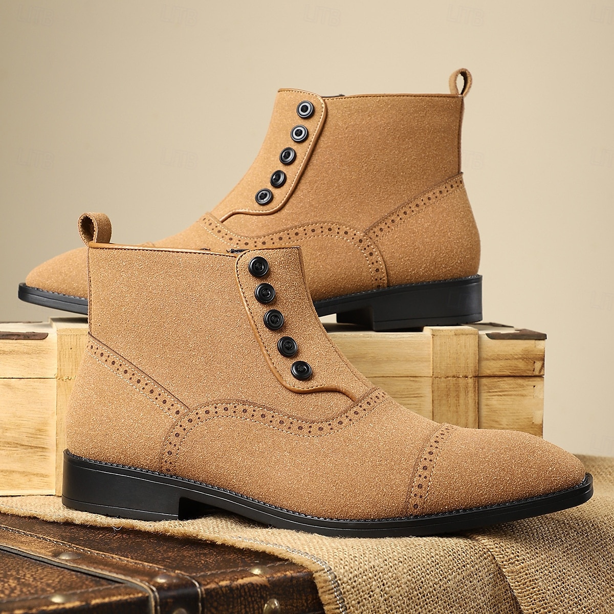 Men's Beige Lace-Up Ankle Boots with Round Toe and Classic Stitching, Vintage Business-Casual Footwear for Office, Urban Walking and Smart Daily Outfits 2025 - $46.99 –P11