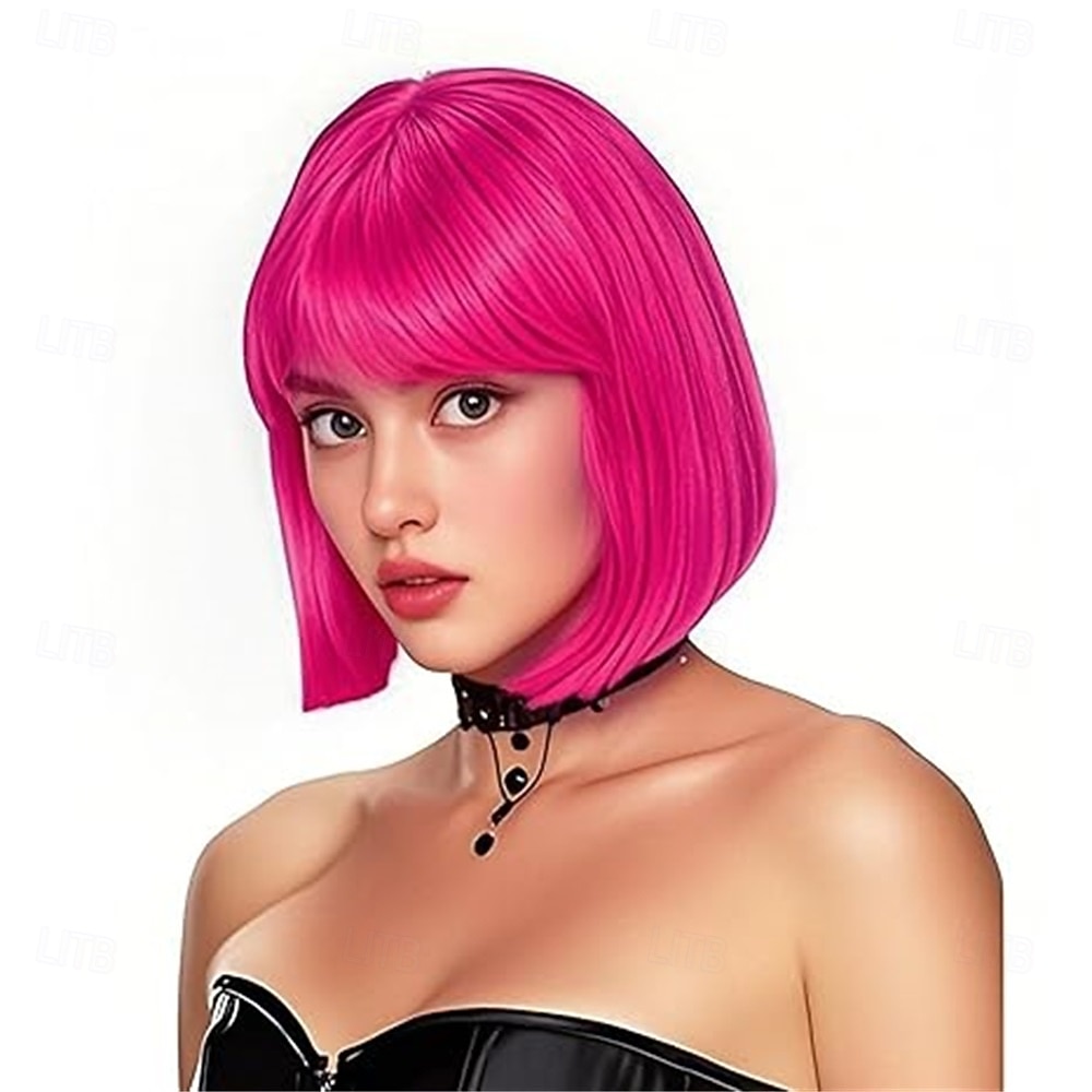 Peruca bob azul com franja curta de 12 polegadas, peruca reta para cosplay feminina, festa de halloween de 2026 por MXN $425.36 –P5