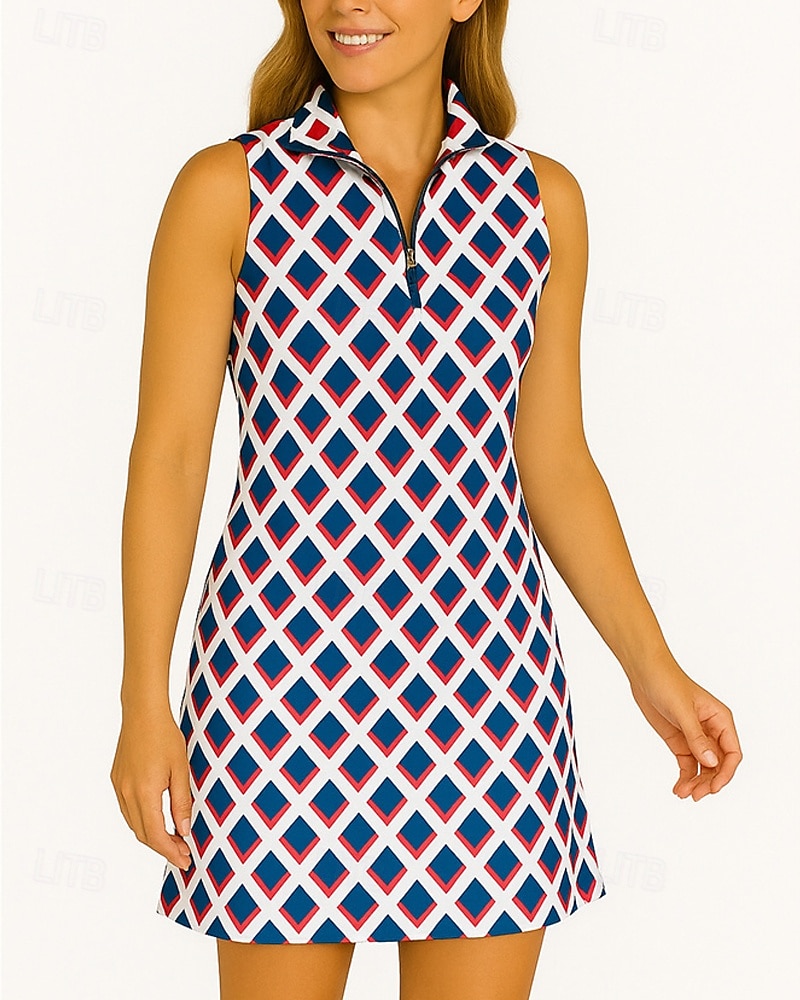Mulheres Geométrica Vestido de tênis vestido de golfe Vestido sem mangas Sem Manga Zíper Proteção UV Elástico Respirável Tênis Golfe Badminton Colarinho polo Vestidos Azul Roxo Roupas de tênis de 2025 por $20.99 –P1