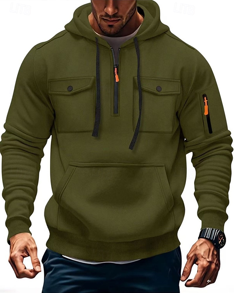 Herren Kapuzensweatshirt Viertelreißverschluss Kapuzensweatshirt Schwarz Armeegrün Marineblau Khaki Hellgrau Mit Kapuze Einfach Tasche Kordelzug Sport & Outdoor Täglich Ferien Polyester Streetwear 2025 - $23.99 –P7