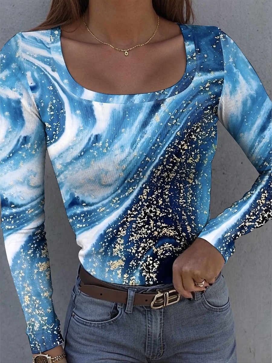 Dam T-shirt Långärmad Ribbad Grafisk Fyrkantig Hals Långärmad Avslappnad Ombre Abstrakt Regula Tops Dagstryck Röd Blå Grön Regnbåge Ljusblå Vår Höst Förvår 2025 - GBP £19.07 –P5