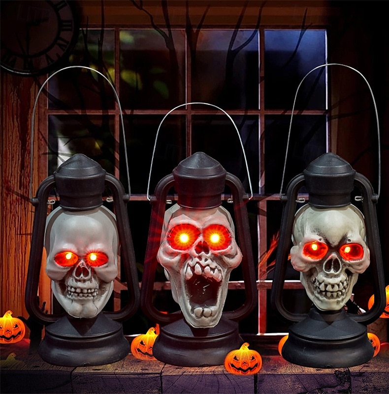Halloween håndtak LED lysende hodeskaller hode røde øyne lampe glødende i mørke retro parafinlampe festdekorasjon 2025 - $24.99 –P12