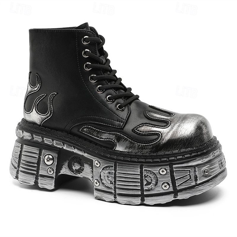 herre gotiske flammende platåstøvler – steampunk ankelstøvletter med grov såle og snøring for punkrockfester og cosplay 2025 - $84.99 –P5