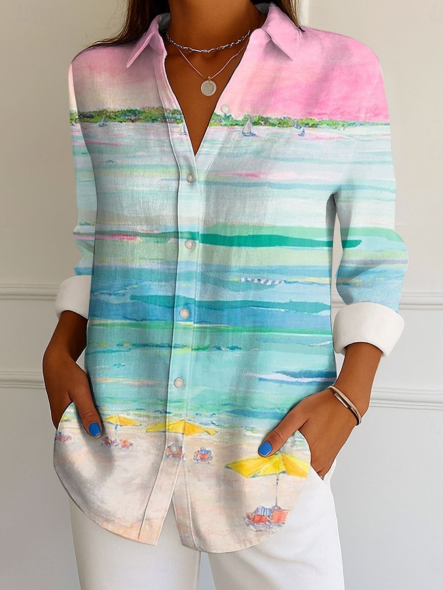 Dames Overhemd Ombre Grafisch Elegant Vintage Tropisch Lange mouw Overhemdkraag Normale tops Werk Dagelijks Knop Afdrukken Geel Blozend Roze blauw Paars Zomer Lente 2025 - $32.99 –P1