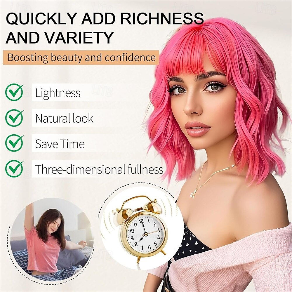 roze pruiken kort golvend haar pastel bob pruik met pony schouderlang synthetisch haar voor vrouwen meisje kleurrijke cosplay pruik synthetische hittebestendige vezel voor dagelijks gebruik op 2026 - $23.99 –P2