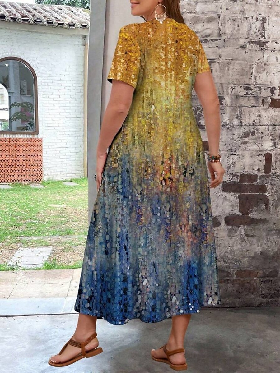 Damen Übergröße Freizeitkleid Ombre V Ausschnitt Kurzarm Sommer Frühling Mode Modern Lässig Maxikleid Ferien Wochenende Kleid 2025 - $28.99 –P10
