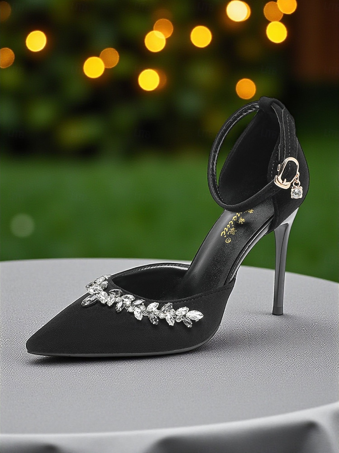 Dámské černé saténové jehlové podpatky se špičatou špičkou, křišťálovými ozdobami a páskem na kotníku - elegantní společenské boty na koktejlové a večerní akce 2026 - $46.99 –P3