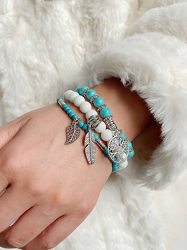 Set di bracciali da donna in stile boho con perline turchesi, con ciondolo a forma di albero della vita e piuma, elastico, perline in pietra naturale, adatti per abbigliamento casual, feste e regali. del 2025 a $9.99 –P2