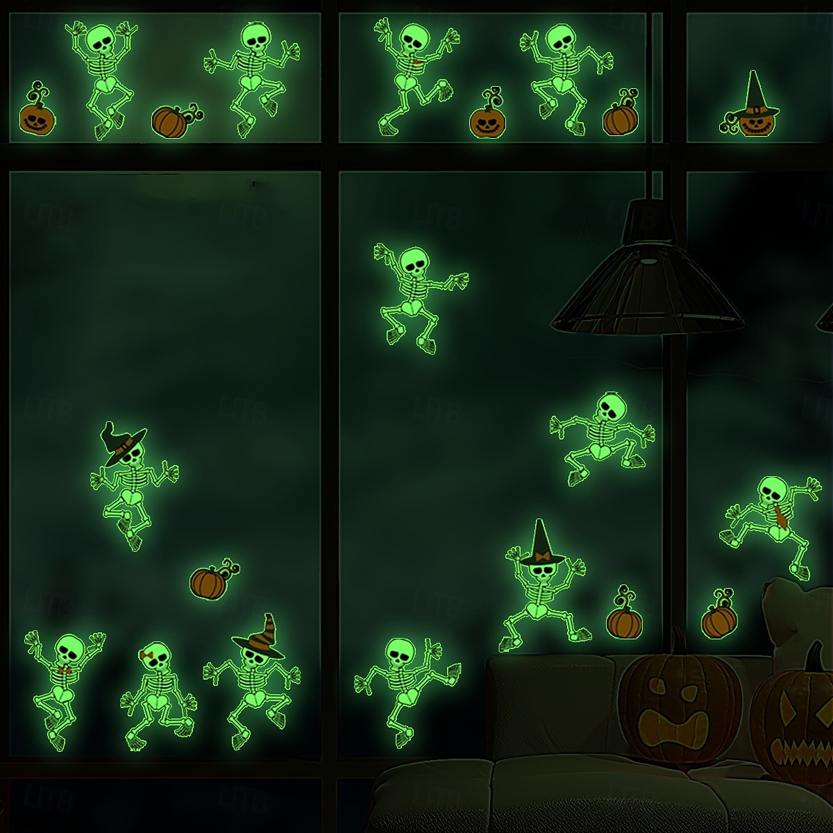 Halloween glow in the dark skelet muurstickers, zelfklevende lichtgevende stickers voor kamerdecoratie, verwijderbare enge Halloween decoraties 2025 - $10.99 –P7