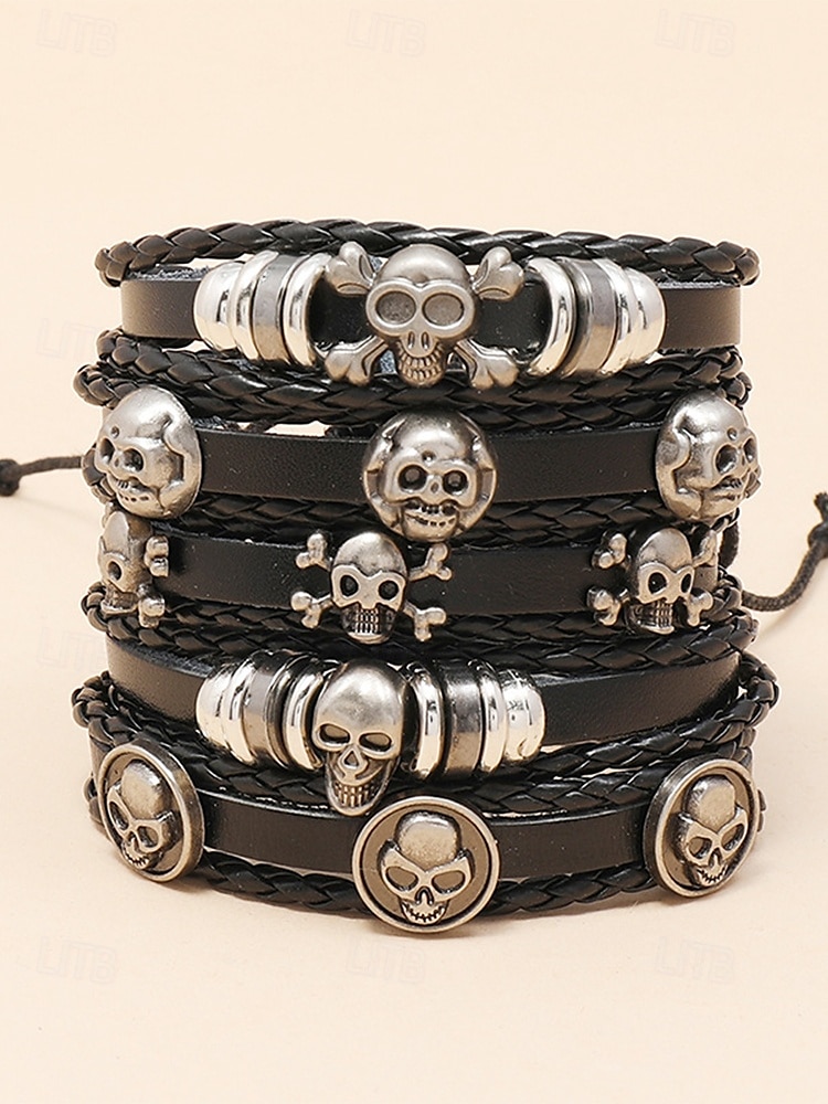 Sett med armbånd i skinn med hodeskalle-anheng for menn – justerbart punk-armbånd i ekte skinn til halloween-fest, cosplay og rockekonserter 2025 - $11.99 –P3