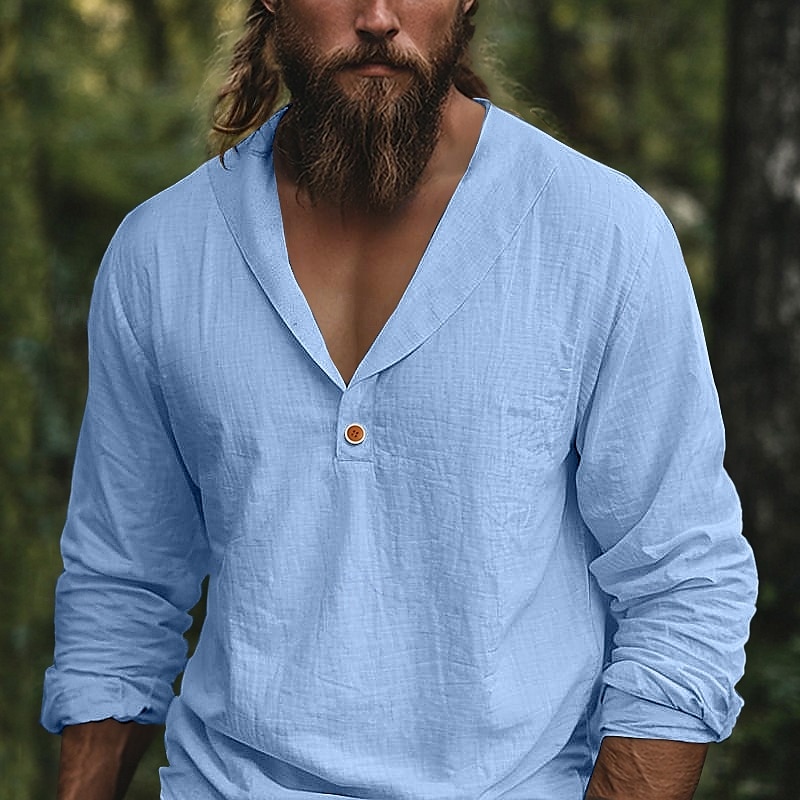 Herr Skjorta Linneskjorta Popover skjorta Sommarskjorta Standkläder Ensfärgat Semester Gata Svart Blå Kaki Långärmad Krage Sommar Vår Kläder 2025 - $23.99 –P7