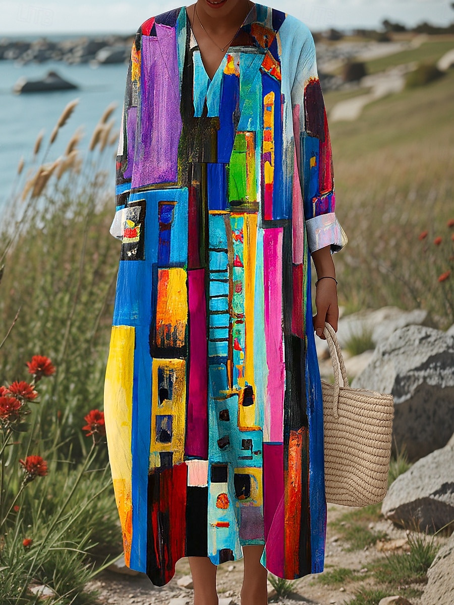 Damen Midikleid Sommerkleid Shiftkleid Urlaub Lässig Strand Ausgehen Strand Lässiger Schnitt Grafik Geometrisch Abstrakt Langarm V Ausschnitt Rosa Blau Orange Sommer Frühling Herbst 2025 - $35.99 –P1