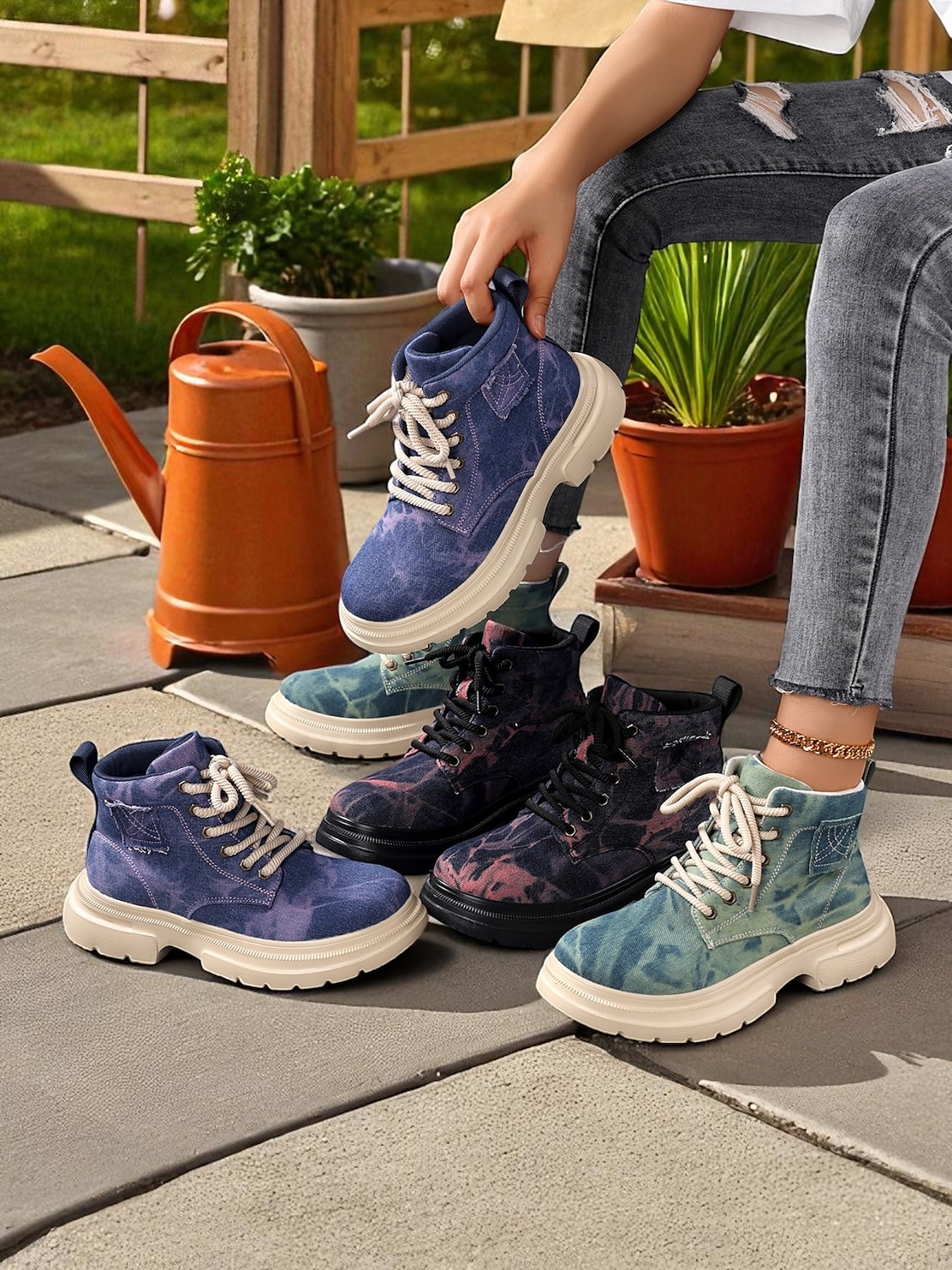 Women's Tie-Dye Canvas Work Boots with Chunky Sole – Casual Lace-Up Outdoor Boots for Harvest Festival, Farm Work and Fall Outings 2025 - $42.99 –P1