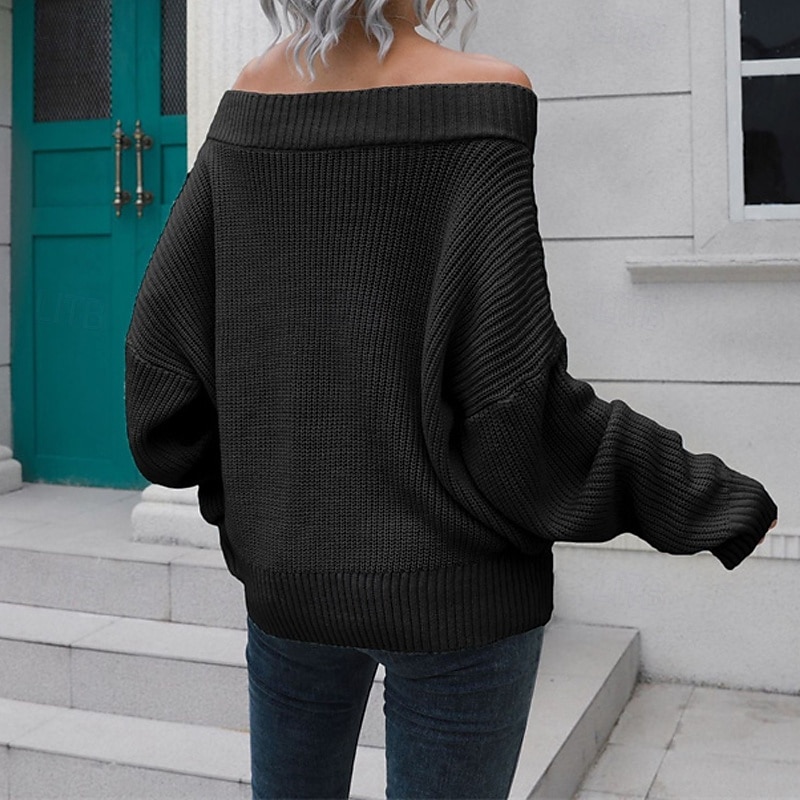 Damen Pullover Lässig Einfarbig Grobstrick Schulterfrei Gestrickt Langarm Normale Oberteile Stricken Täglich Ferien Ausgehen Schwarz Blau Herbst Winter 2025 - SGD S$35.94 –P10