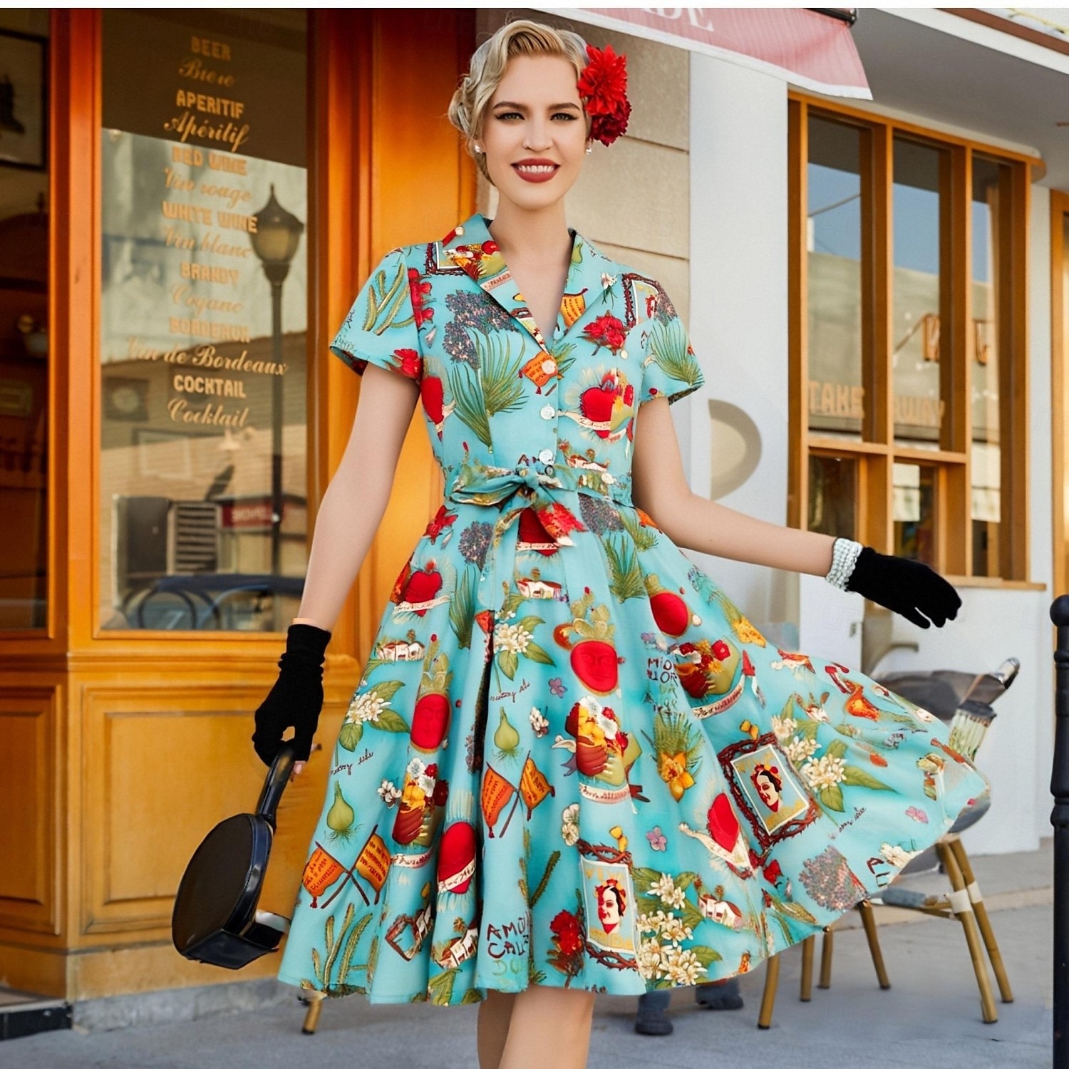 retro vintage 1950-es évek vakációs ruha flare ruha női jelmez vintage cosplay alkalmi mindennapi rövid ujjú ruha maskara 2025 - $53.99 –P7