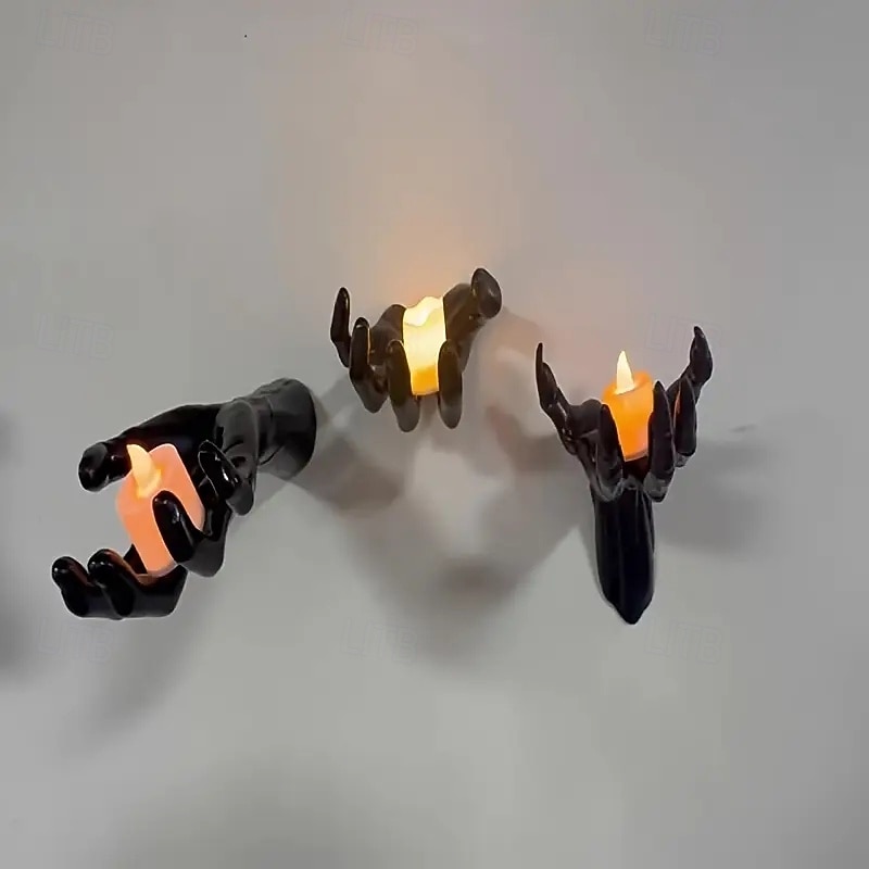 3 ks halloweenské nástěnné dekorace strašidelné ruce držák na svíčky závěsný háček kolekce strašidelný duch ruka úložná police dekorace 2025 - $11.99 –P7