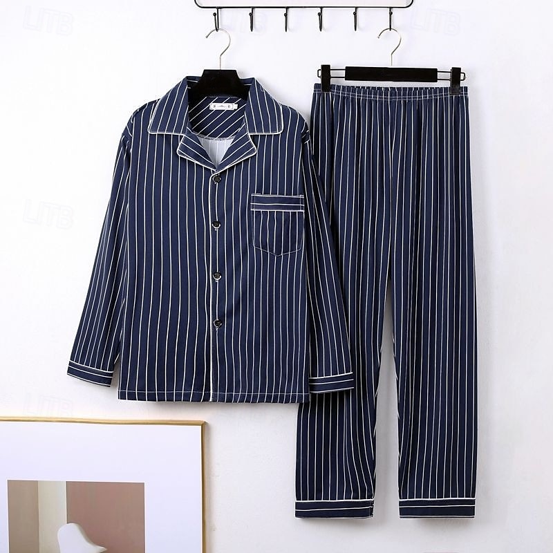Men's Sleepwear Pajama Set Pajama Top and Pant 1 set Stripe Fashion Stylish Classic Home Daily Bed Polyester Comfort Soft Breathable Lapel Long Sleeve Shirt Pant Elastic Waist Buttons Spring Fall 2025 - $16.99 –P2