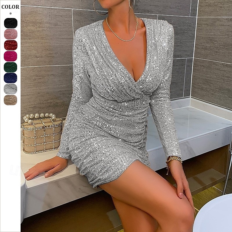 Femmes Mini Robe Robes à paillettes Robe de Cocktail Mode Moderne Soirée Cocktail Coupe régulière Uni manche longue Col en V Argent Noir Champagne Rose Claire Printemps Automne de 2025 ? $31.99 –P1