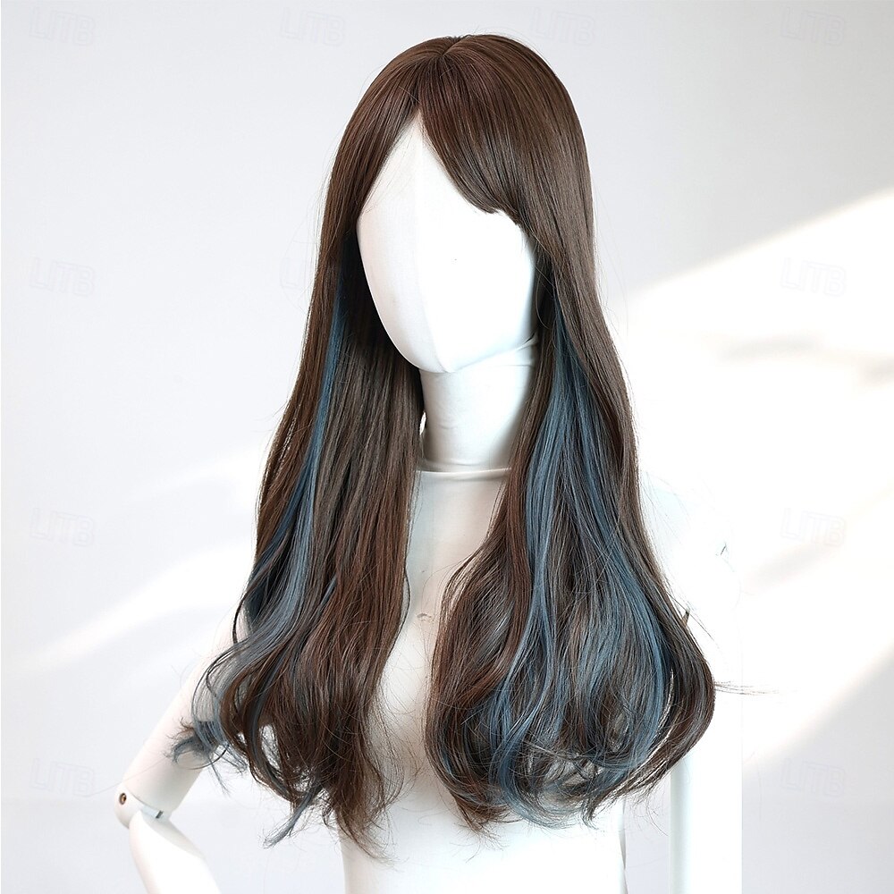 Peruca ondulada bicolor preta e azul de 22 polegadas para mulheres – franja completa, cabelo comprido, perfeita para looks de Halloween, cosplay e moda de 2026 por $32.99 –P3