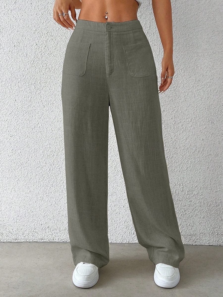 Damen Weites Bein Chinos Mode Basic Lässig Volle Länge Mittlere Taillenlinie Einfarbig Tasche Komfort Außenbereich Unelastisch Urlaub Straße Täglich Schwarz Weiß Blau Aprikose Sommer Frühling Herbst 2025 - $37.99 –P16