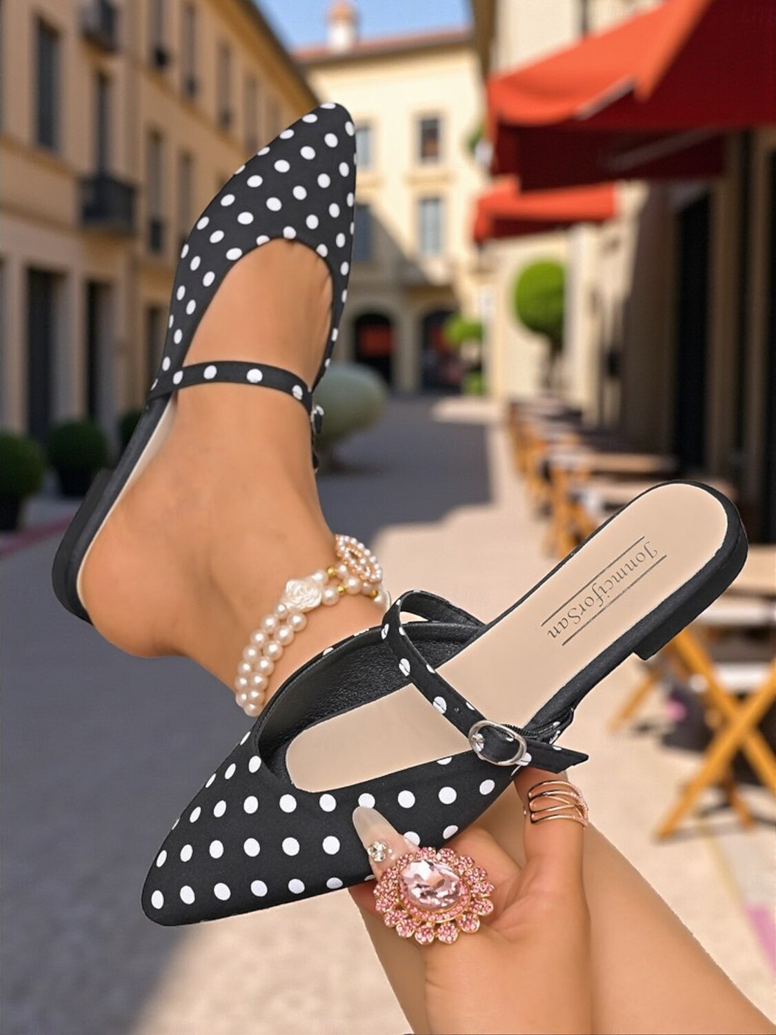 Ballerines à pois noires pour femme – Chaussures mules à bout pointu vintage des années 1950 avec bride pour les sorties estivales décontractées et le quotidien de 2025 ? $19.99 –P3