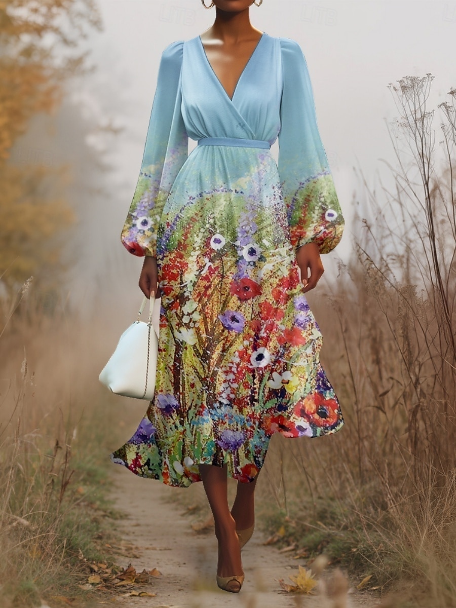 Femmes Robe Midi Robe Décontractée Mousseline de Soie Robe évasée Moderne Vacances Quotidien Week-end Coupe régulière Fleuri manche longue Col en V Blanche Bleu Bleu clair Été Printemps Automne de 2025 ? $31.99 –P6