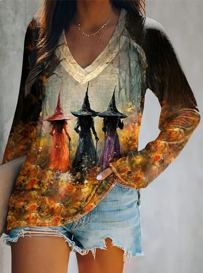 Halloween Femmes T-shirt Graphique Halloween Sorcière Élégant ancien Classique manche longue Col en V Hauts Réguliers Quotidien Sortir Week-end Imprimé Noir et gris Vert cendré Blanche Bleu Orange de 2025 ? $22.99 –P5