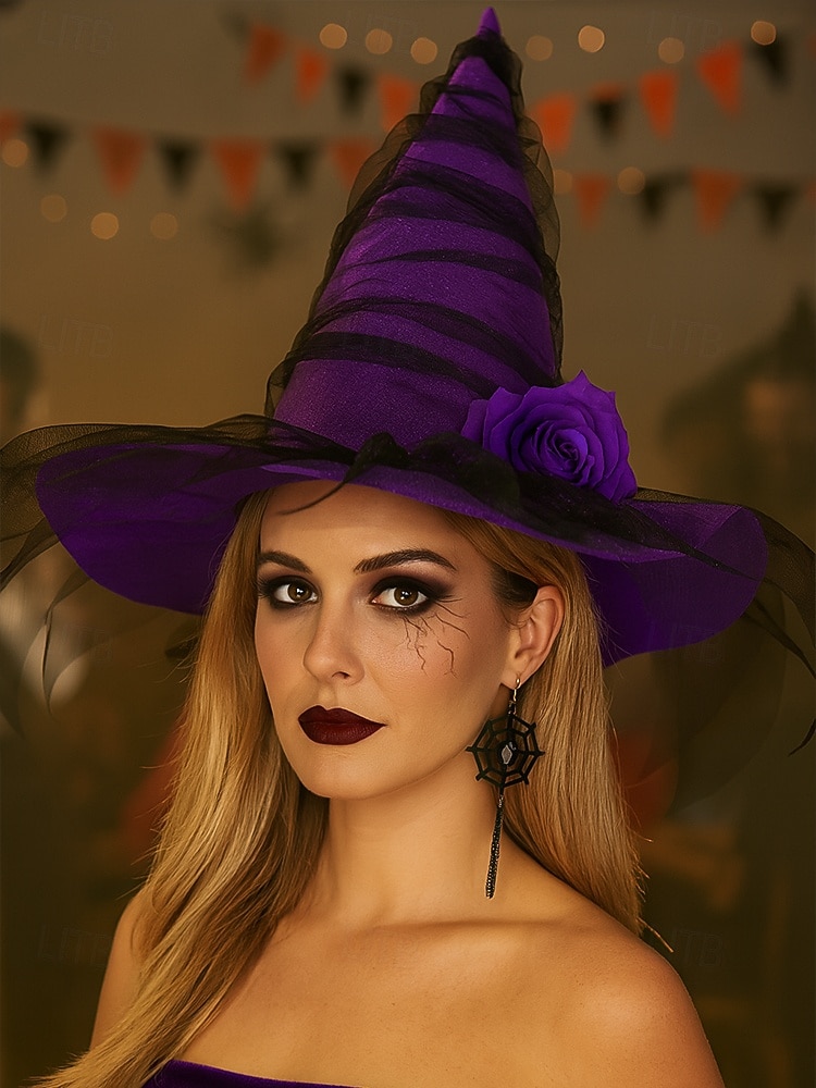cappello da strega di Halloween da donna con velo a rete e rosa – cappello gotico a punta per feste in maschera, cosplay ed eventi a tema del 2025 a $14.99 –P4