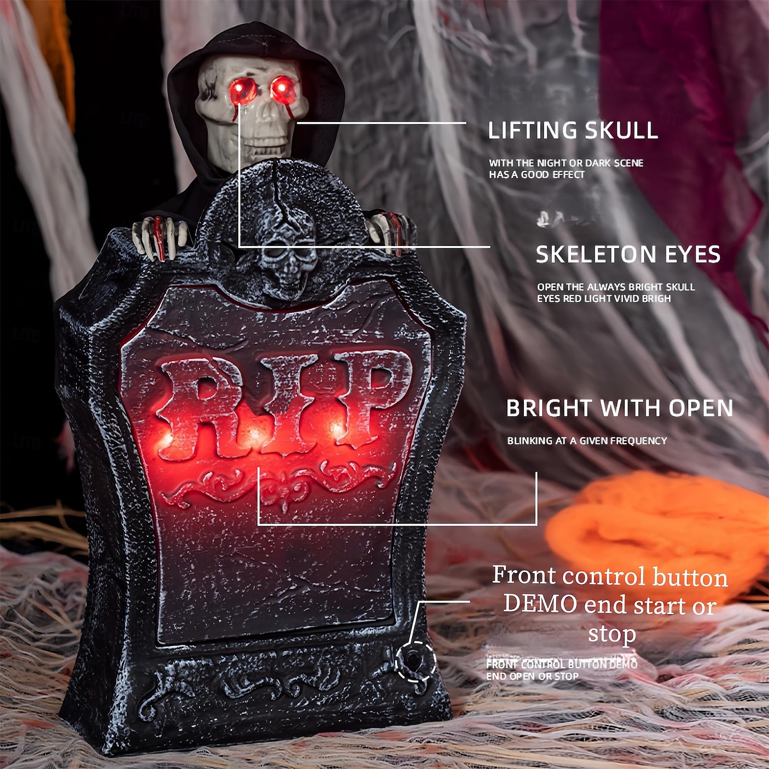 halloweeni animált sírkő kellékek világító és hangvezérelt szellem temetődekoráció motoros felkelő kaszás szellem kültéri vagy bárjelenet dekoráció kísértetház 2025 - $49.99 –P3