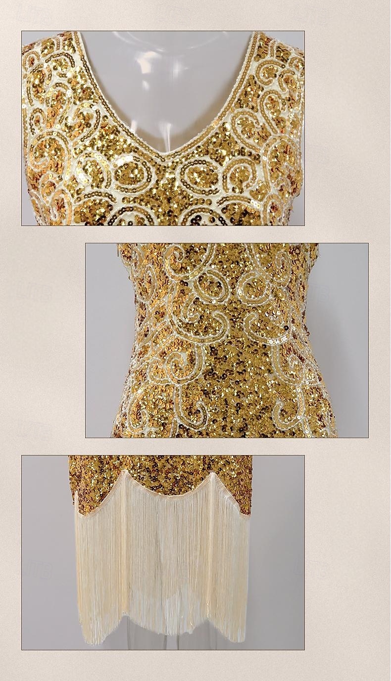 Retro vintage Roaring jaren '20 Jaren 1920 Boven de knie Tot de knie Flapper jurk Cocktailjurk Mouwloos The Great Gatsby Flapper Girl Pailletten Zoom V-hals Kostuum Dames Kerstmis Carnaval Bruiloft 2025 - $41.99 –P3