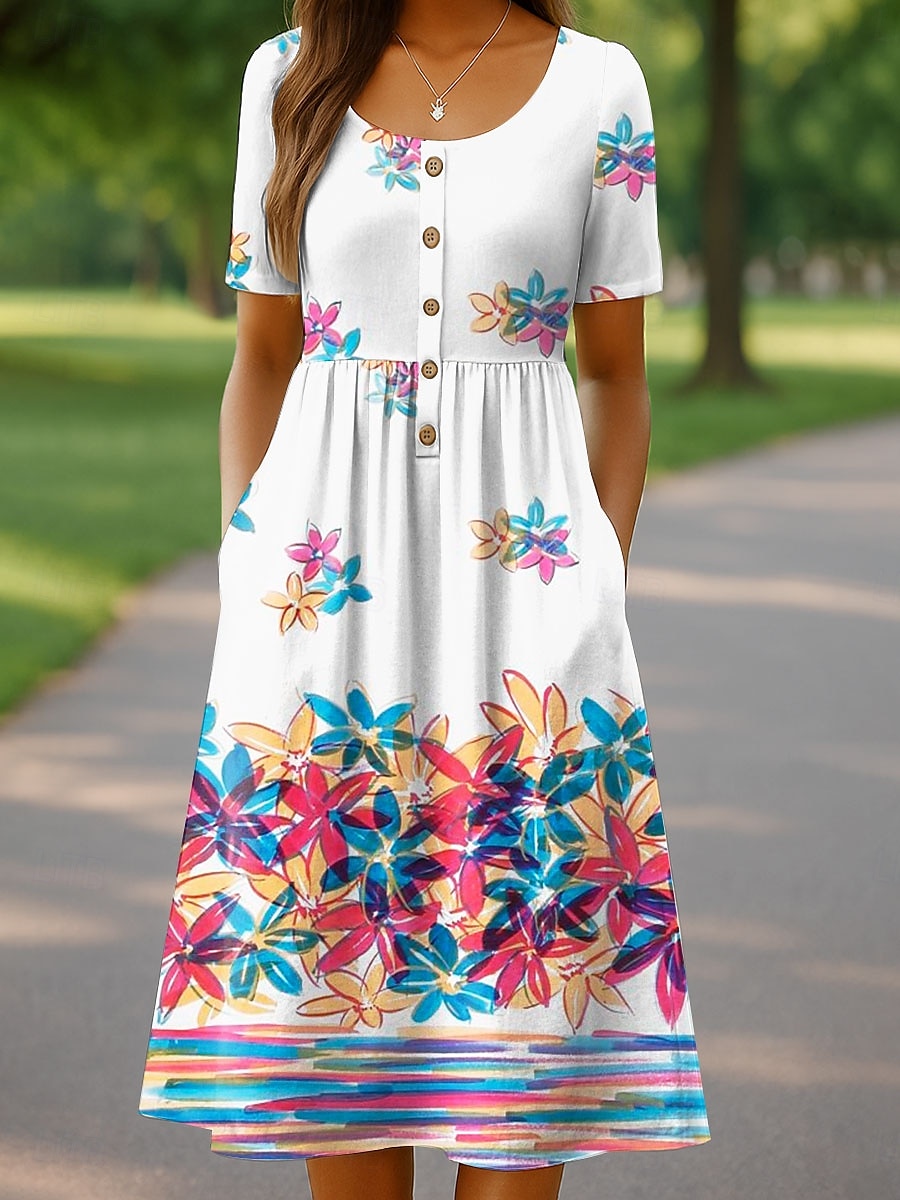 Femmes Robe Midi Robe Tricot Robe Décontractée Robe d'Été Robe trapèze Vacances Occasionnel Chaussures de plage Fête Coupe Ample Fleuri Graphique Manche Courte Col ras du cou Blanche Rose Claire de 2025 ? $36.99 –P1