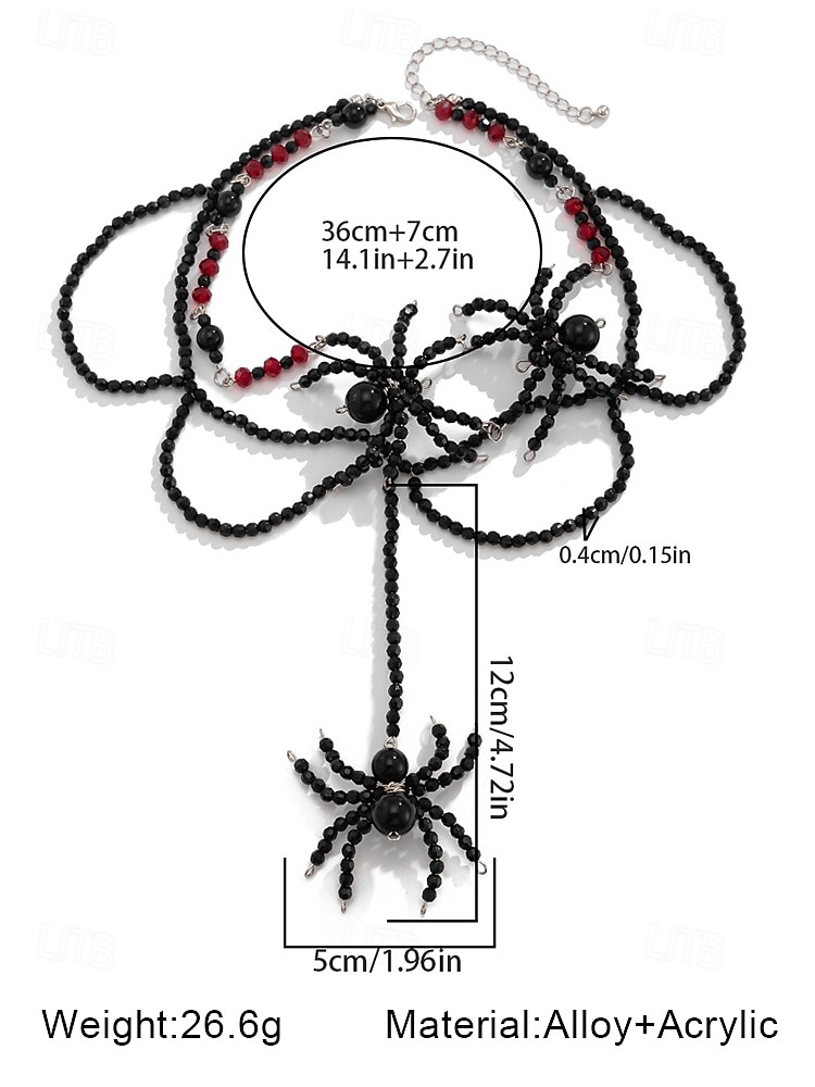 2025年 レディースハロウィンスパイダービーズネックレス＆イヤリングセット - ゴシックブラック＆レッド合金アクリルジュエリー、パーティーやコスプレ用の不気味でかわいいコスチュームアクセサリー  コレクション – $18.99 –P6
