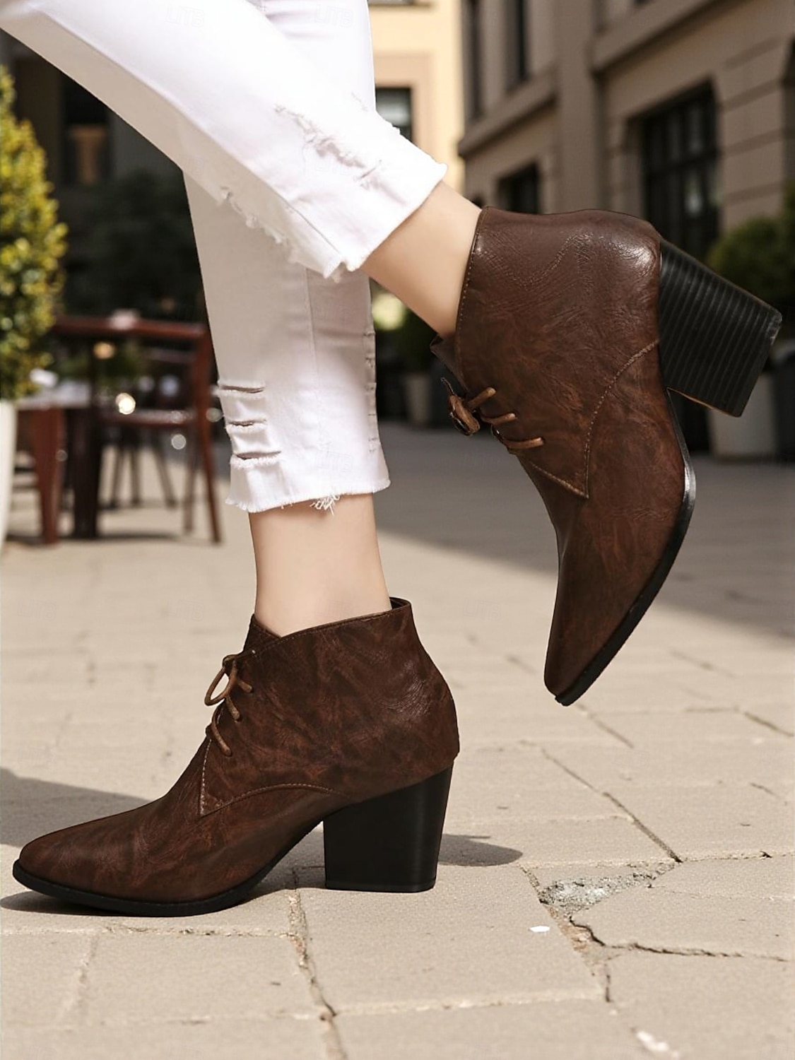 Botas femininas retrô de cano curto com cadarço e bico fino - botas curtas de salto bloco em couro sintético para o outono, estilo urbano &roupas do dia a dia de 2025 por $42.99 –P1