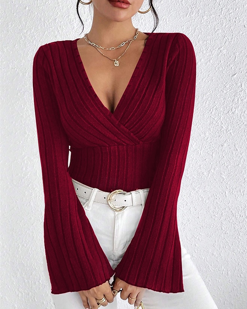 Per donna Maglietta Semplice Moda Moderno Manica Lunga Scollo a V Top Regolari Quotidiano Tunica Nero Vino Estate del 2025 a $18.99 –P1
