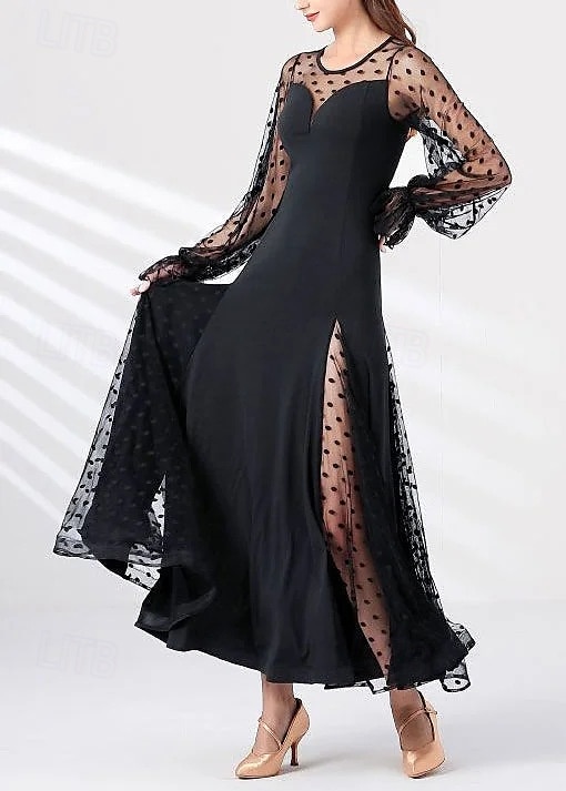 Damen Maxikleid Etui-Kleid Tüllkleid Elegant Hochzeit Urlaub Party Normale Passform Tupfen Langarm Rundhalsausschnitt Schwarz Sommer Frühling Herbst Winter 2025 - $39.99 –P2