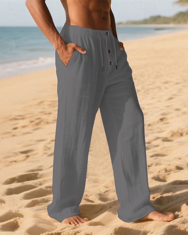 Men's Linen Pants Trousers Summer Pants Beach Pants Pocket Elastic Waist Drawstring Plain Comfort Breathable Vacation Daily Holiday Hawaiian Boho Dark Khaki Black 2025 - $18.99 –P15