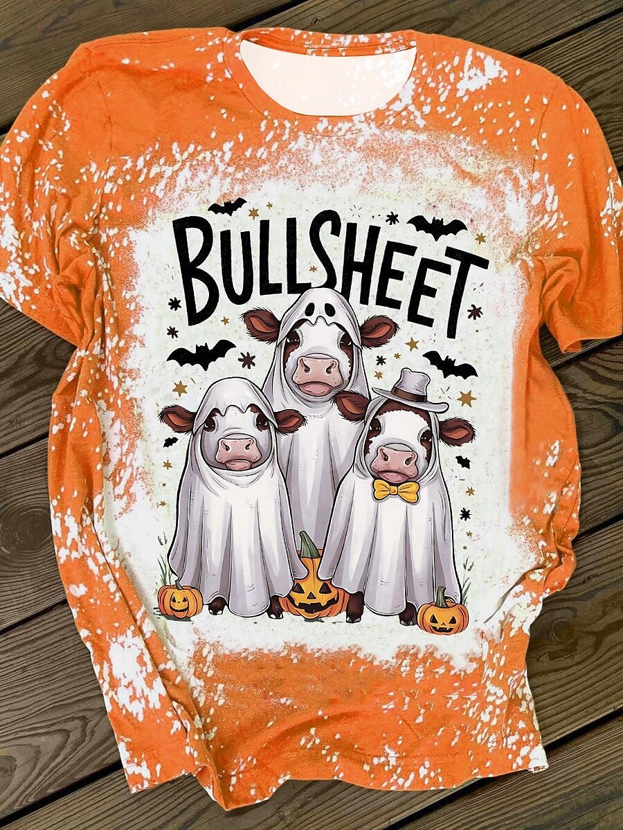 Halloween Dame T skjorte Grafisk Hodeskaller Årgang Stilfull Fritid Kortermet Crew-hals Vanlige topper Daglig Helg Trykt mønster Gul Oransje Rose Rosa Sommer Høst 2025 - $19.99 –P3