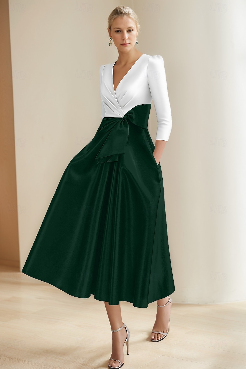 Vestidos de Coquetel A-Line Vestido Elegante Formal Casamento Comprimento Chá Comprimento Midi Manga Curta Decote em V Pregas Cetim com Bolso e Laço de 2025 por $147.99 –P4