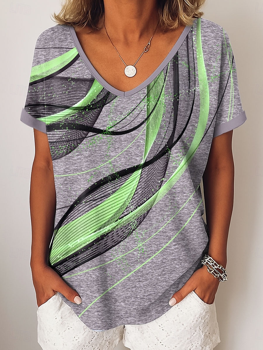 Pentru femei Tricou Grafic Abstract Epocă Stilat Modern Manșon scurt În V Topuri obișnuite Zilnic Sfârșit de săptămână Îmbrăcăminte de vacanță Imprimeu Albastru piscină Mov Auriu Trifoi Vară 2025 - $19.99 –P4