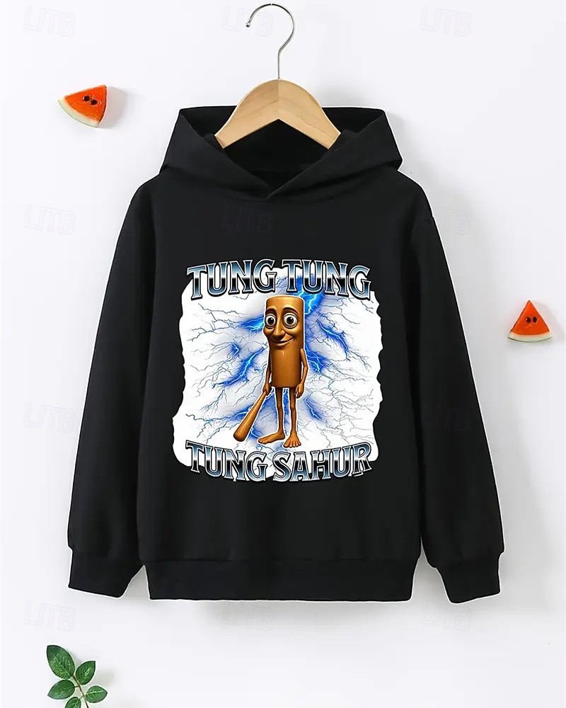 Pojkars avslappnad långärmad huvtröja med tung tung tung sahur-tryck vår höst mode streetwear barn 4-12 år huva utomhus daglig normal passform 2025 - $18.99 –P1