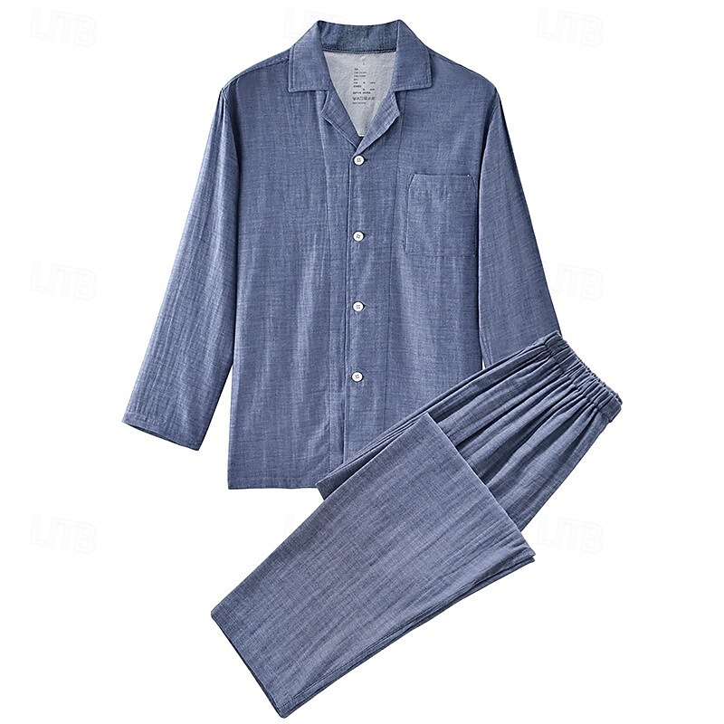 Homme Vêtements de Nuit Ensemble Pyjama Haut de pyjama et pantalon 1 ensemble Uni Mode Élégant Classique Maison Quotidien Lit Coton Confort Doux Respirant Revers manche longue Chemise Pantalon Taille de 2025 ? $43.99 –P2