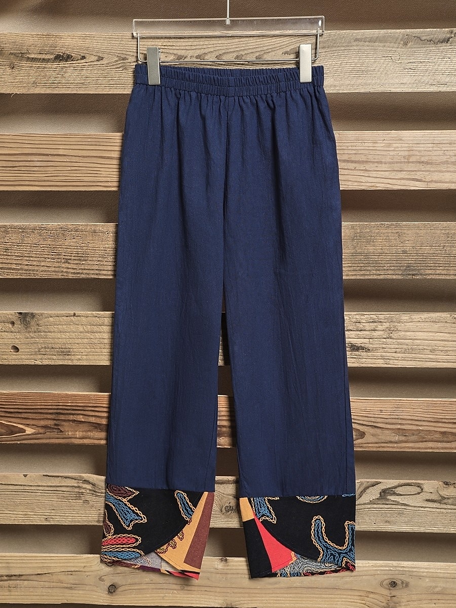 Women's Slacks Pants Trousers Vacation Vintage Ethnic Style Full Length High Waist Floral Graphic Geometic Elastic Waistband Comfy Breathability Soft Inelastic Outdoor Street Daily Black Navy Blue 2025 - $20.99 –P2