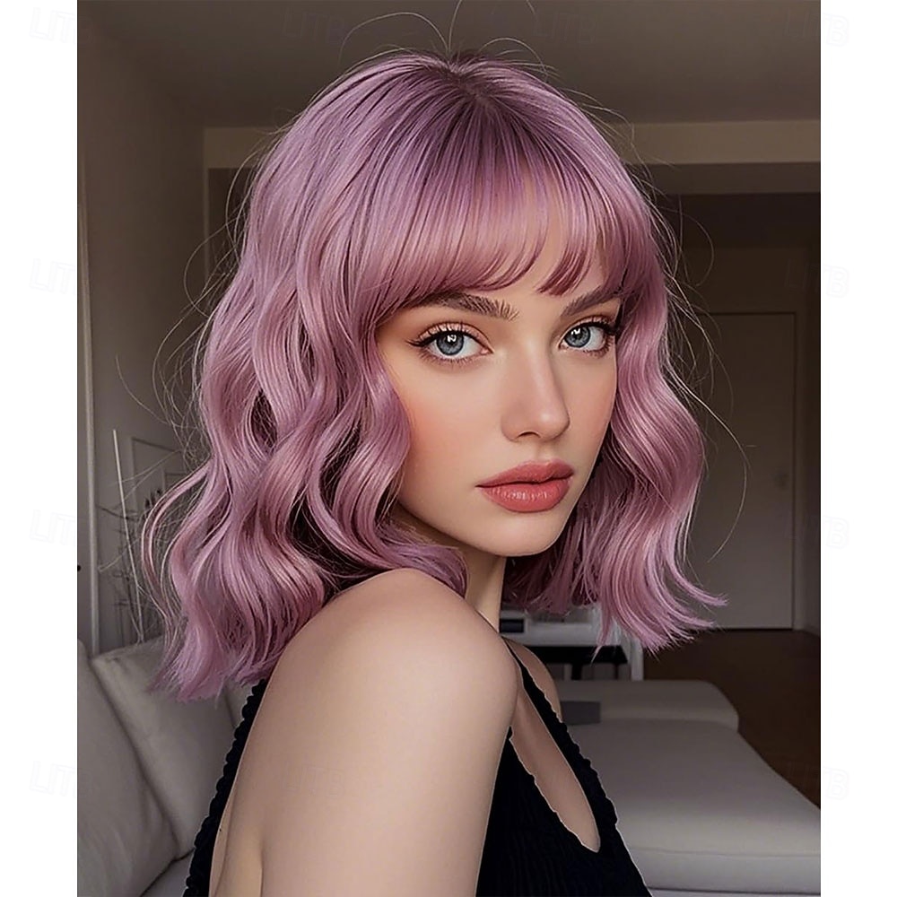 Peruca loira com mechas castanhas e franja, peruca curta e cacheada para mulheres, comprimento dos ombros de 14 polegadas, perucas de substituição de cabelo de aparência natural para uso em festas de de 2026 por $23.99 –P6