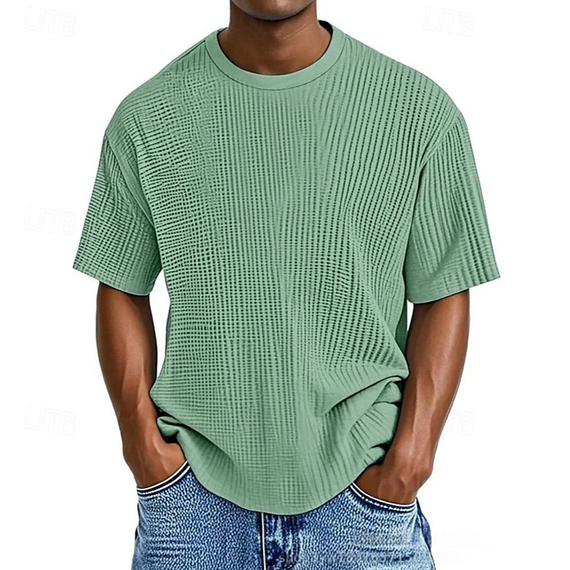 Homme T-shirt Chemise à manches courtes Manche Courte Col ras du cou Été Uni Mode Designer Basique Jacquard Vacances Rue Sortir Abricot Noir Blanche T-shirt haut de gamme pour homme de 2025 ? $20.99 –P6