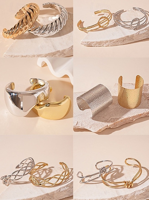 Dámská párty sada náramků - stylové pozlacené a postříbřené manžetové a řetízkové náramky, módní šperk pro ženy, ideální na koktejlové a večerní večírky 2026 - $11.99 –P1