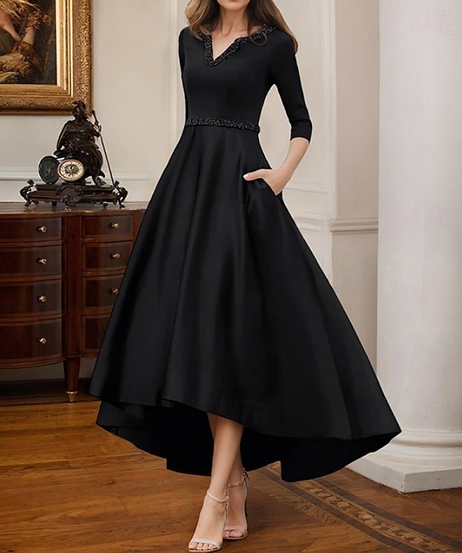 Robe de cocktail trapèze élégante, robe de soirée formelle, longueur thé, robe asymétrique, manches mi-longues, col en V, satin extensible avec poche à perles, 2025 de 2025 ? $142.99 –P5